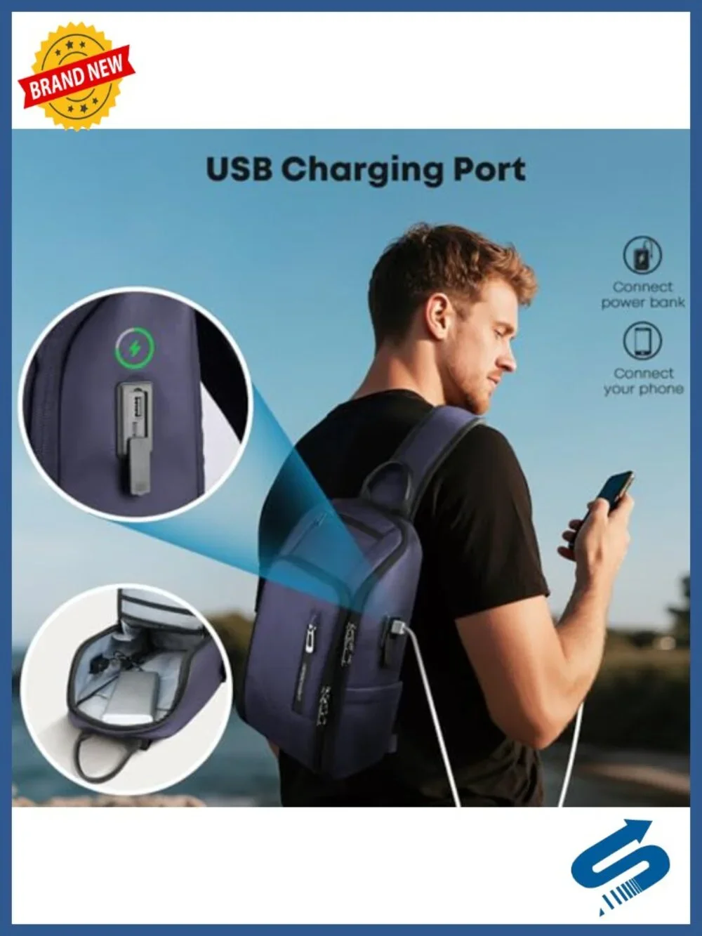 Waterproof Crossbody Sling Backpack with USB Charging Port, Anti-Theft Daypack